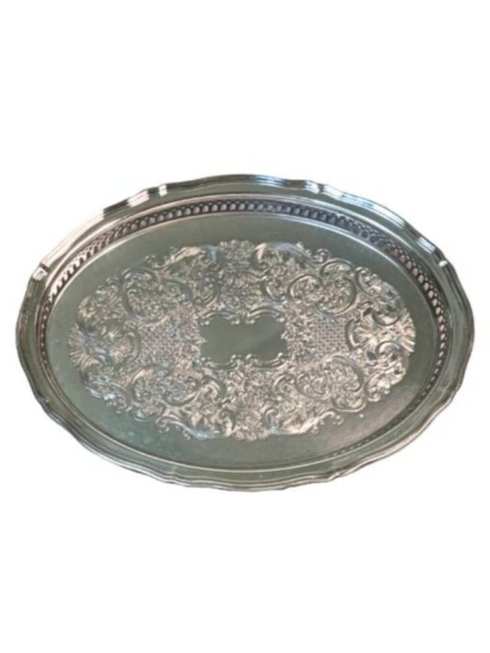 Vintage Oneida Silverplate Oval Gallery Serving Tray Ornate Pierced Edge w/ Box